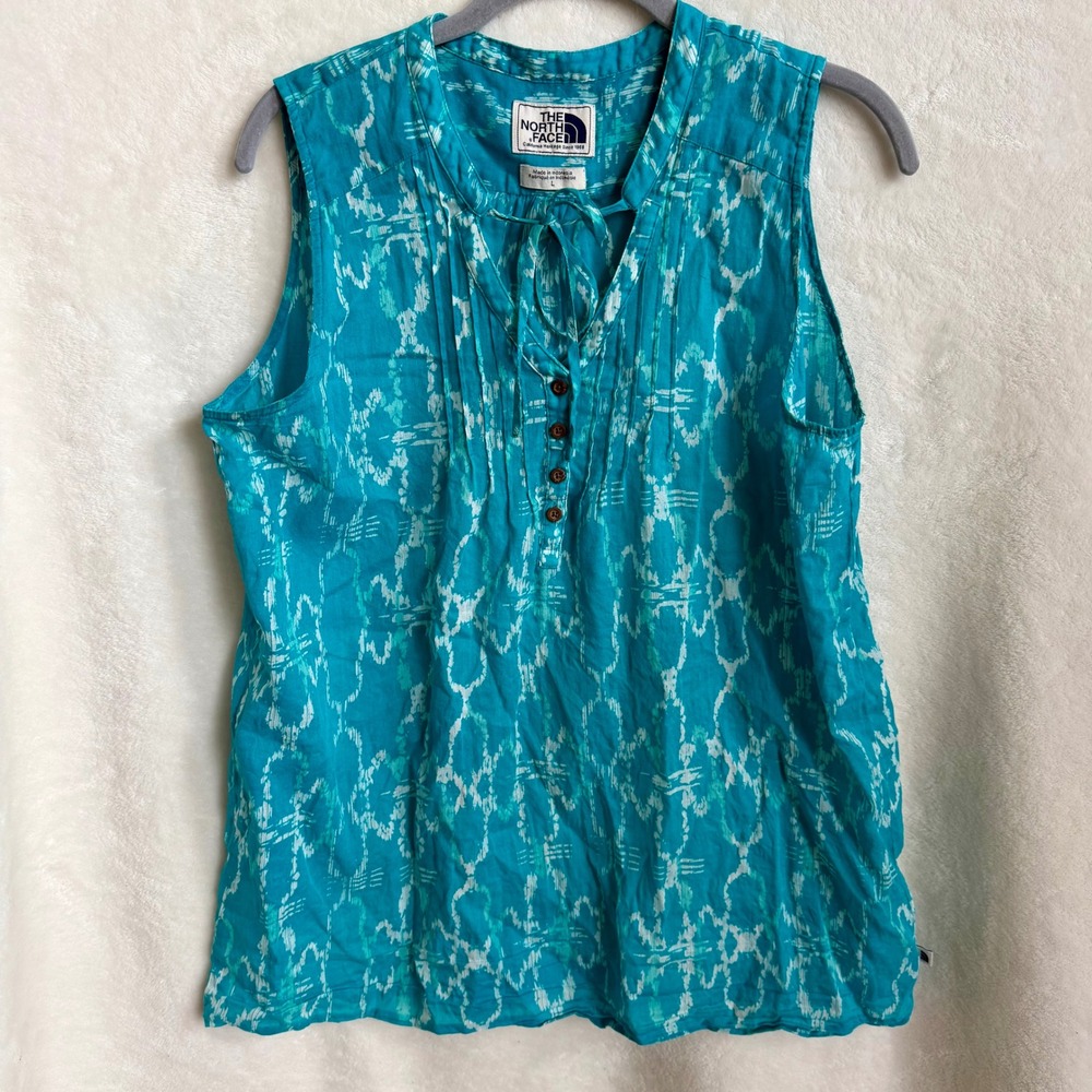 The North Face Sz L Teal Ikat Sleeveless Henley Pintuck Cotton Blouse Heritage